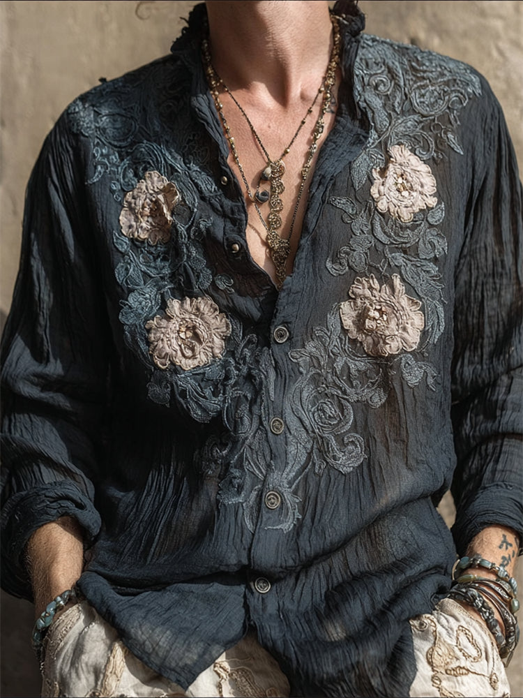 Men's Vintage Floral Embroidered Linen Shirt elevenforest