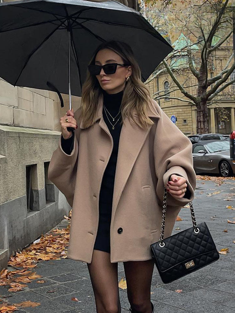Winter Loose Short Stand Long Wool Blended Khaki Coat