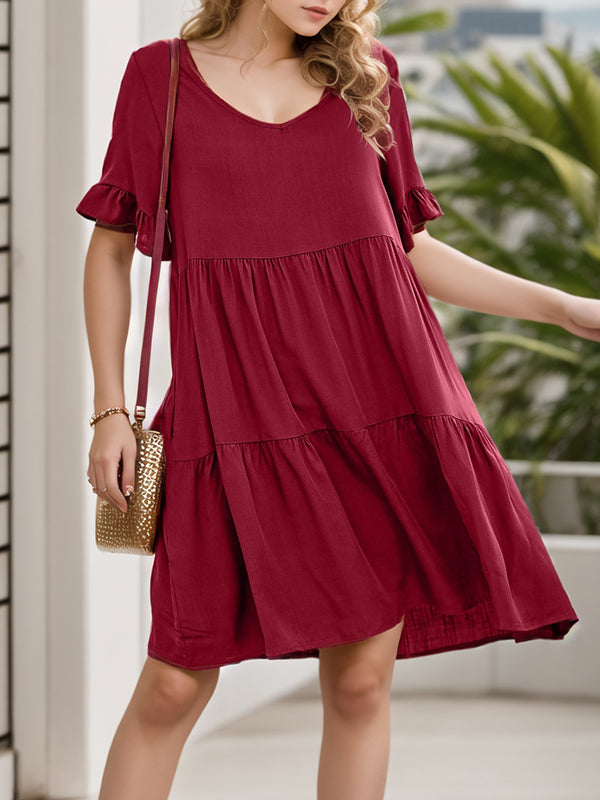 A-line Flared Sleeves Pleated Pockets Ruffled Color Split-joint Round-neck Mini Dresses