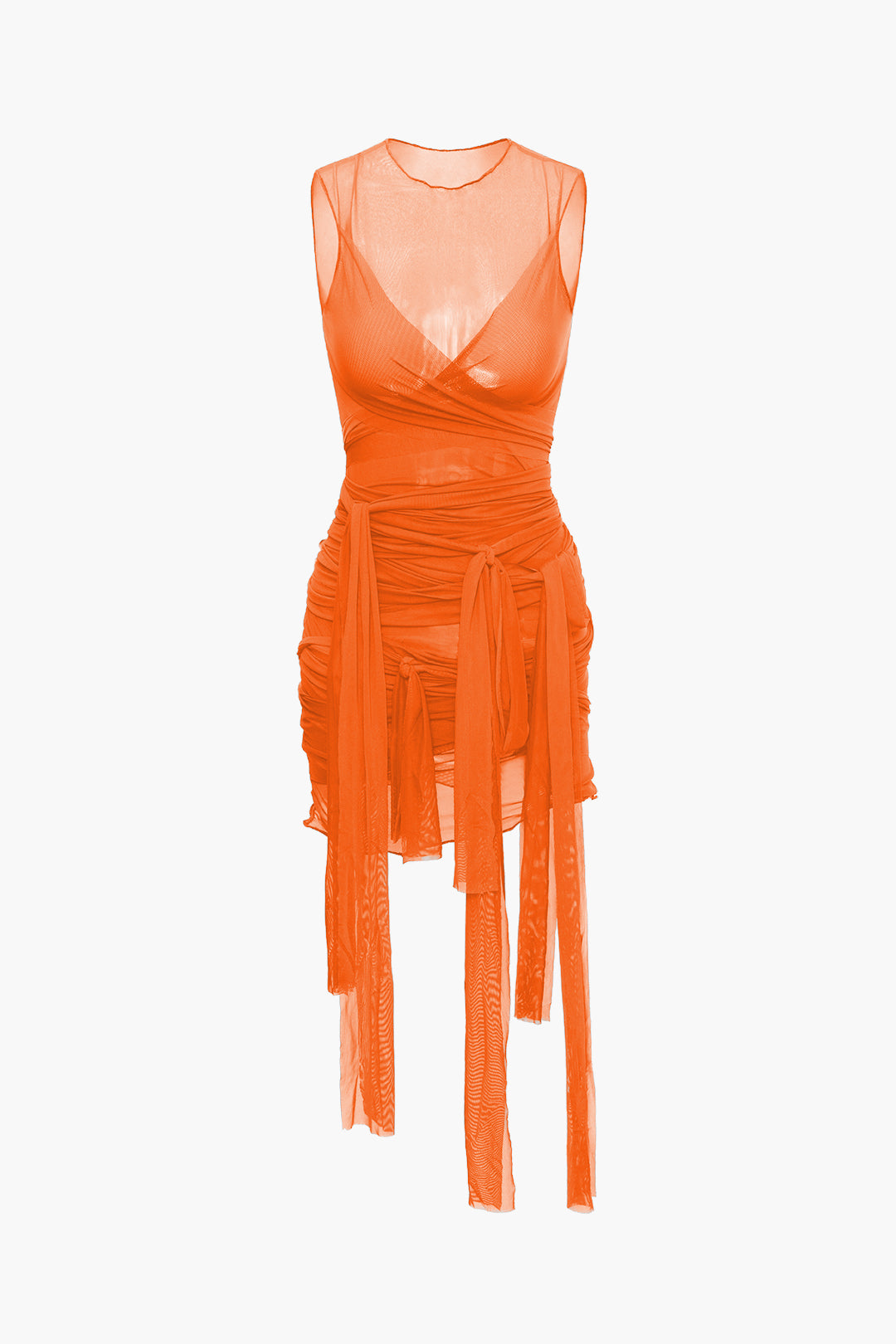 Color Sheer Mesh Wrap Tie Ribbon Mini Dress