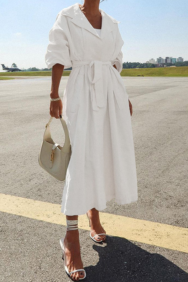 Color Lapel Long Sleeves Lace-up Waist Mid-length Coat