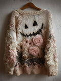 Halloween Spooky Face & Roses Floral Cozy Knit Sweater elevenforest
