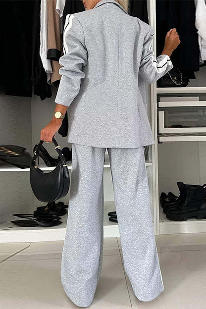 Patchwork Notch Lapel Pocketed Blazer Elastic Waist Wide Leg Pants Set