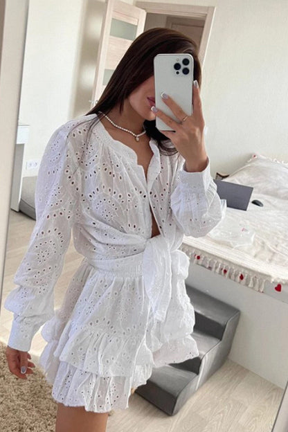 Hollow-out Jacquard Blouse Tiered Shorts Set