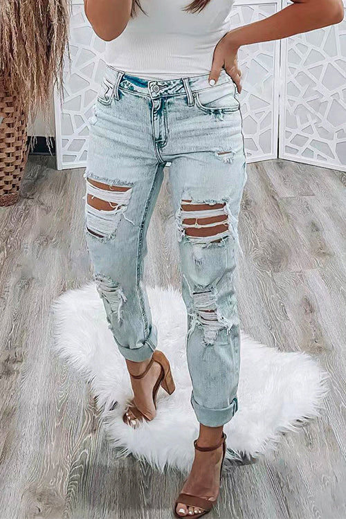 Distressed High Rise Ripped Boyfriend Denim Pants
