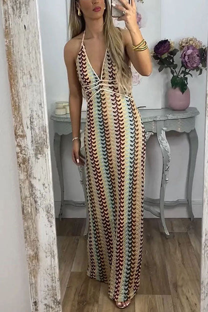 Moxidress Halter V Neck Backless Color Block Crochet Maxi Dress