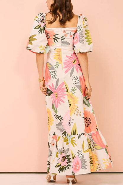 Square Collar Puff Sleeves Print Cotton Linen Ruffle Maxi Dress