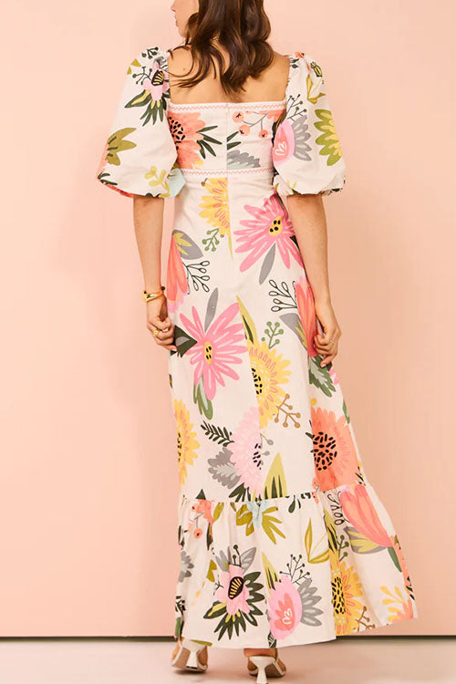 Square Collar Puff Sleeves Print Cotton Linen Ruffle Maxi Dress