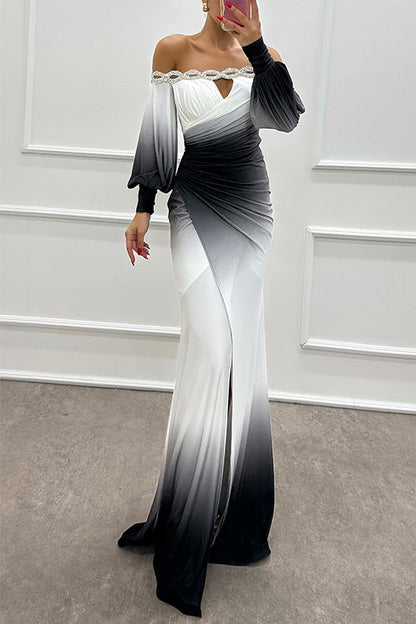 Off Shoulder Ruched Waist Gradient Tie Dye Wrap Maxi Dress