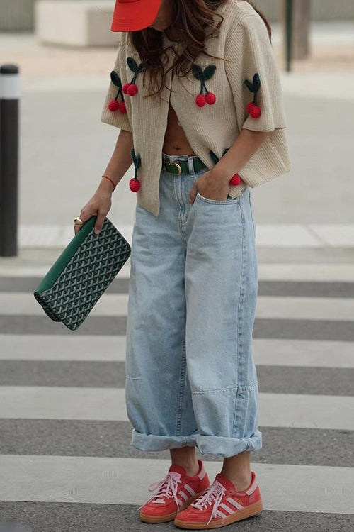 Short Sleeves Button Up Cherry Decorative Knit Sweater