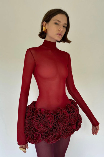Red 3d Flower Hem Lace-up Off-shoulder Mini Dress