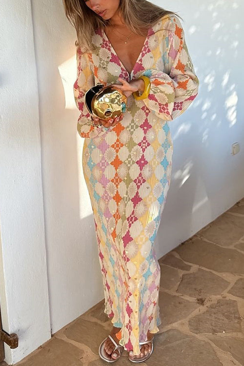 V Neck Lantern Sleeves Geometric Print Maxi Dress