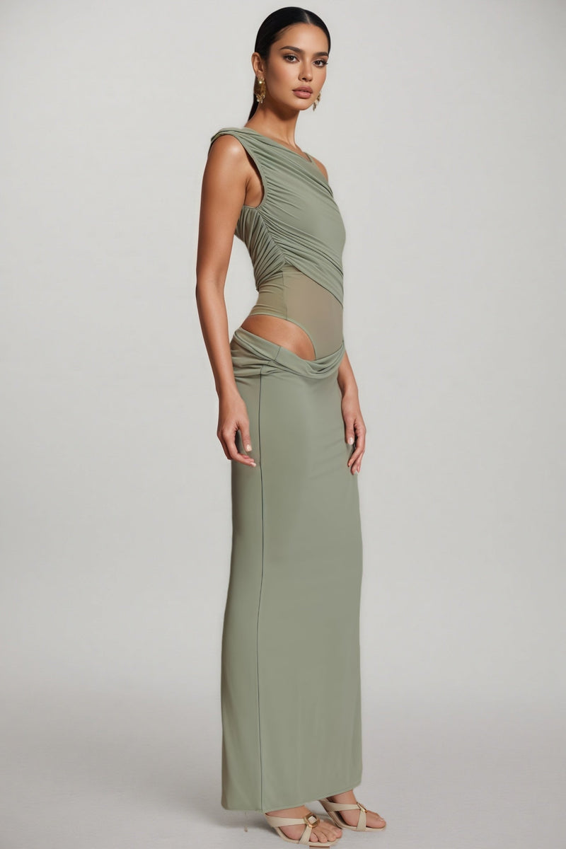 Erynrk Green One Shoulder Slinky Maxi Dress