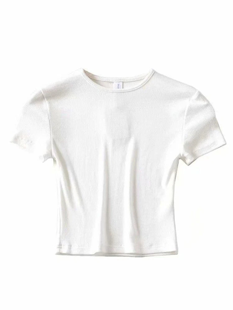 Summer Woman Slim Fit T-shirt Tight Cotton Short-sleeve O-neck Tee Crop Tops