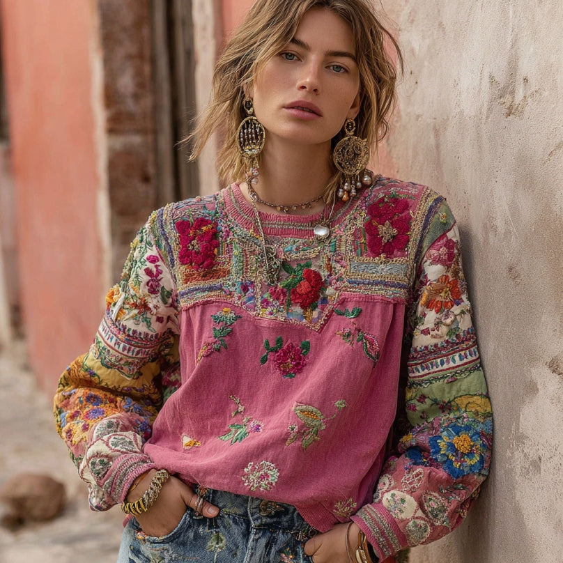 Vintage Bohemian Floral Embroidery Patchwork Crew Neck Long Sleeve Sweatshirt elevenforest