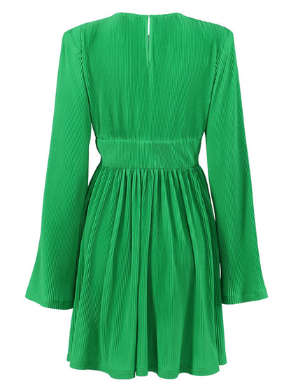 A-line Flared Sleeves High-waisted Pleated Color Zipper Round-neck Mini Dresses
