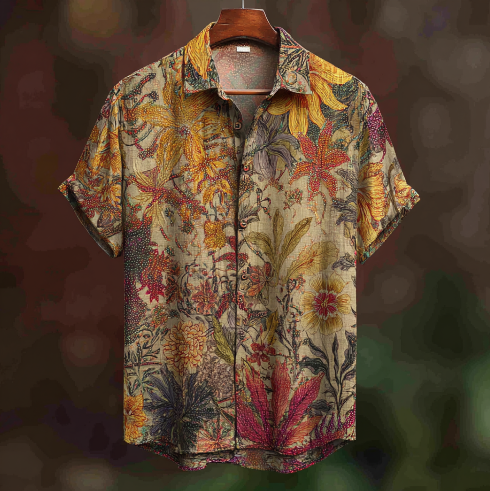 Bohemian Style Plant And Flower Pattern Men's Retro Cotton And Linen Shirt elevenforest