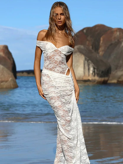 Lace Deep V Sleeveless Slim Dress Perspective Tight Split Backless Charming Long Dress Party Holiday Beach