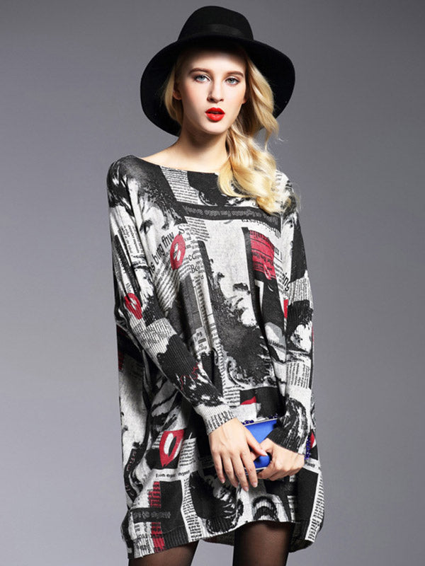 Urban Loose One-shoulder Printed Split-joint Sweater