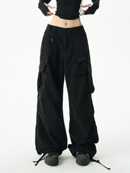 Black Corduroy Cargo Pants With Multi Pockets
