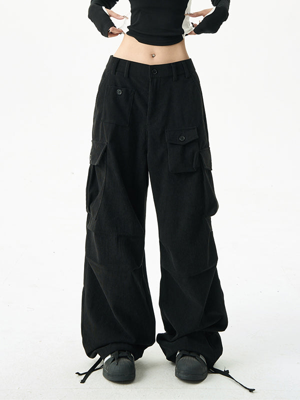 Black Corduroy Cargo Pants With Multi Pockets