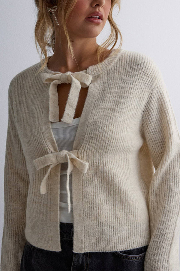 Color Loose Long Sleeve Lace-up Knitted Cardigan