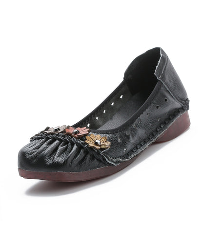 Retro Splicing Flat Feet Shoes Black Cowhide Leather
