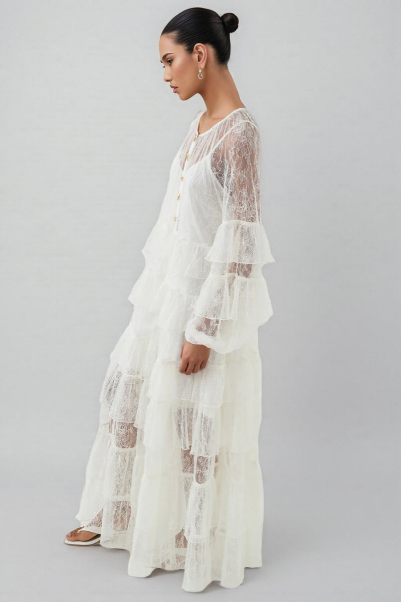 Wintk White Round Neck Lace Maxi Dress