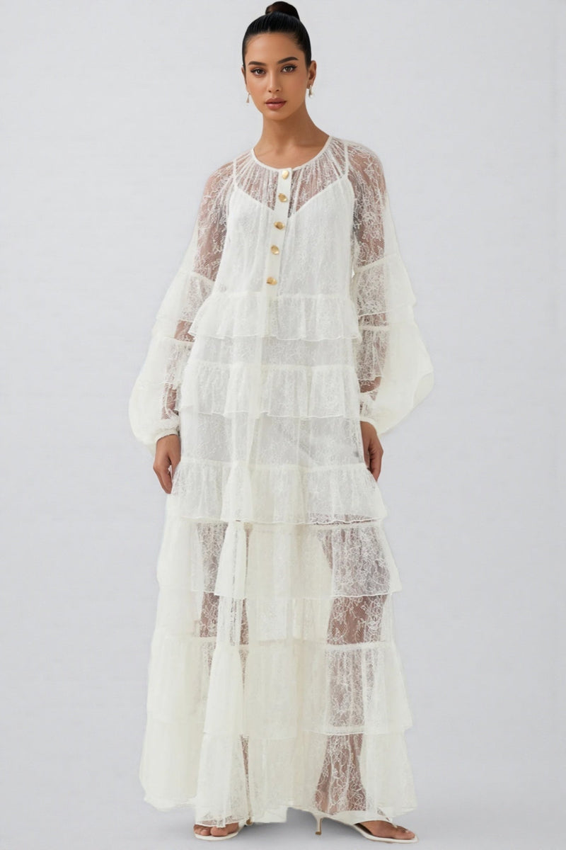 Wintk White Round Neck Lace Maxi Dress
