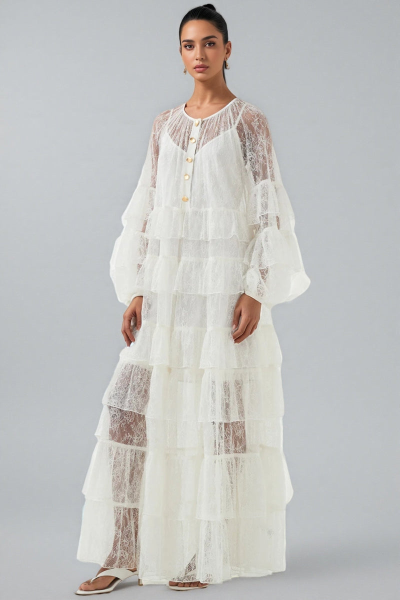 Wintk White Round Neck Lace Maxi Dress