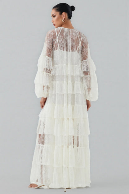 Wintk White Round Neck Lace Maxi Dress