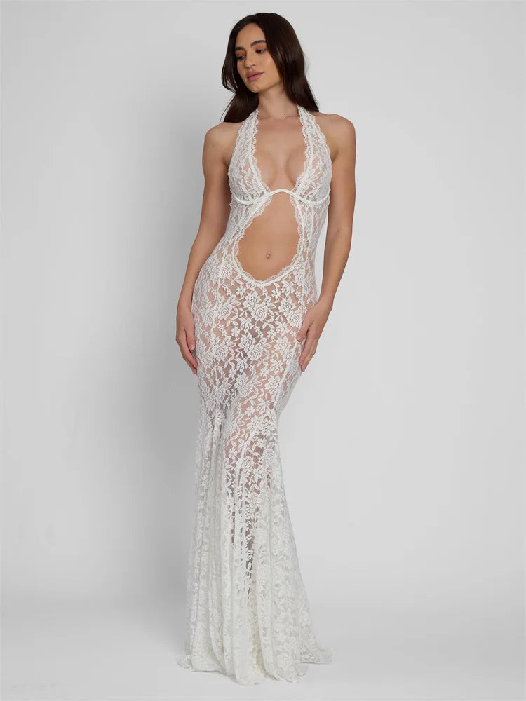 White Lace Printed Maxi Dress for Summer Backless See-through Patchwork Beach Dress Female Long Dress