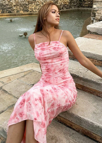 Blush Bloom – Ruched Maxi Dress With Spaghetti Straps
