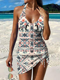 Vintage Floral Print Pleated Drawstring V-neck Tankini Pantskirt Set Swimsuit