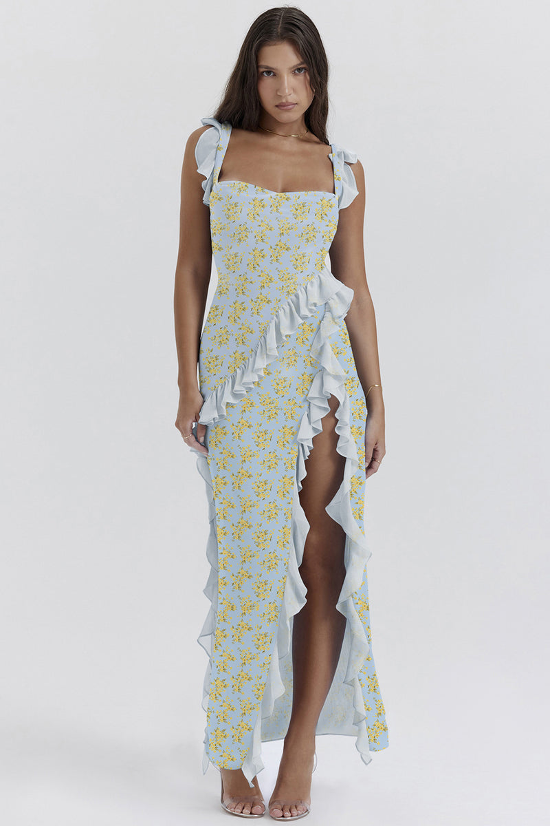 Cherry Ruffle Maxi Dress-blue Flower