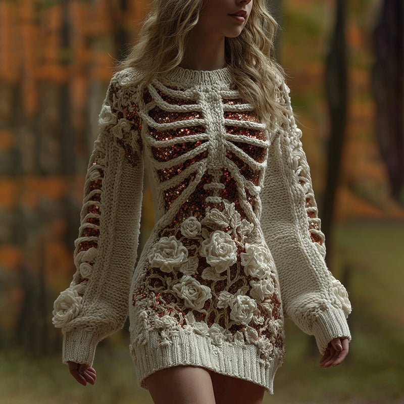Comstylish Women's Skeleton Flower Art Knit Mini Sweater Dress