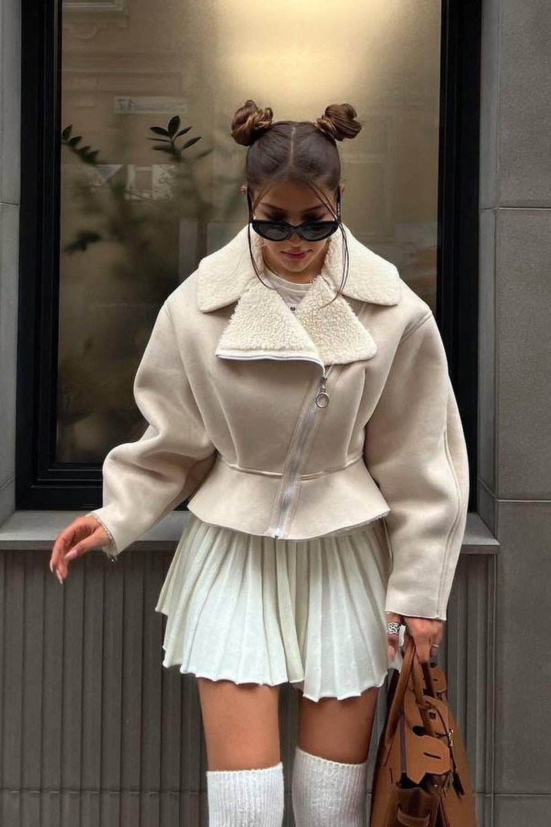 Odd Zip Leather Fur Pieced Coat