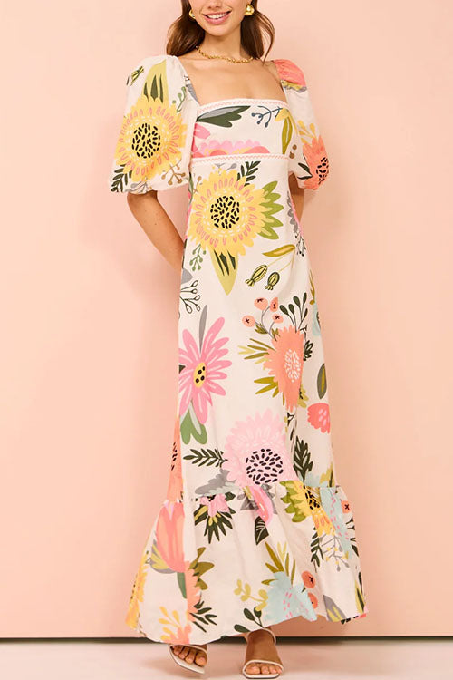 Moxidress Square Collar Puff Sleeves Print Cotton Linen Ruffle Maxi Dress