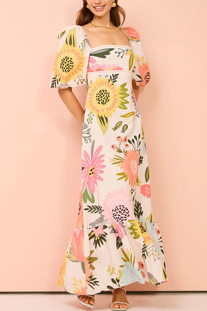 Square Collar Puff Sleeves Print Cotton Linen Ruffle Maxi Dress