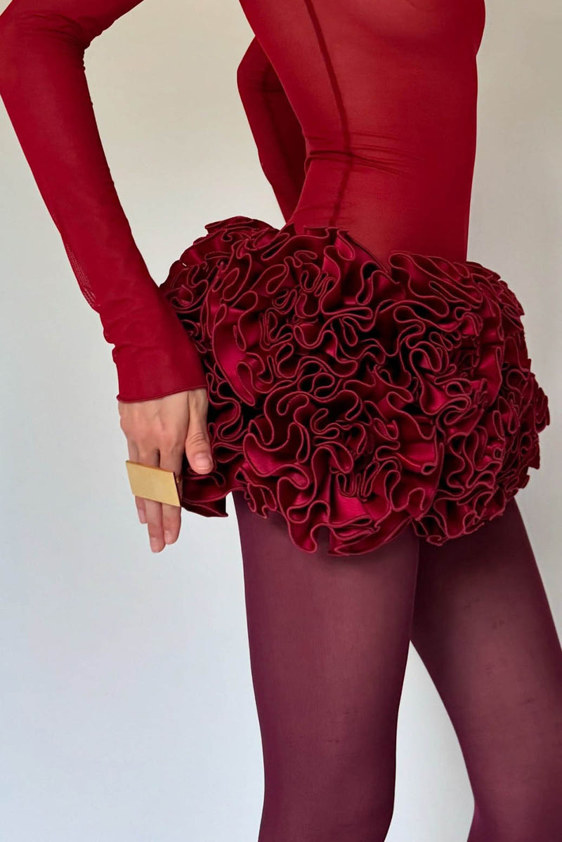 Red 3d Flower Hem Lace-up Off-shoulder Mini Dress