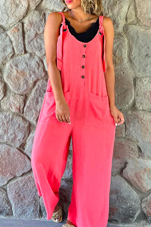 Scoop Neck Buttons Wide Leg Cotton Linen Overalls