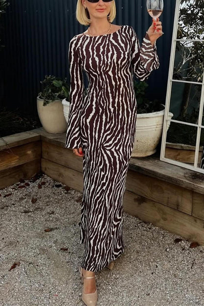 Boat Neck Bell Sleeves Animal Print Maxi Dress