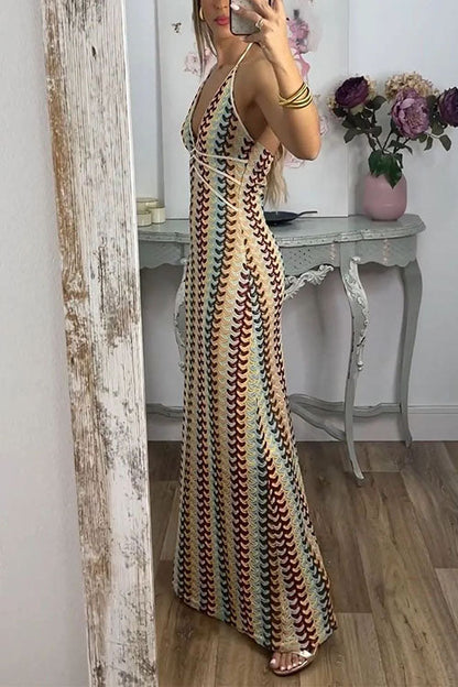 Halter V Neck Backless Color Block Crochet Maxi Dress