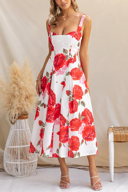 Adjustable Strap Print Swing Midi Dress