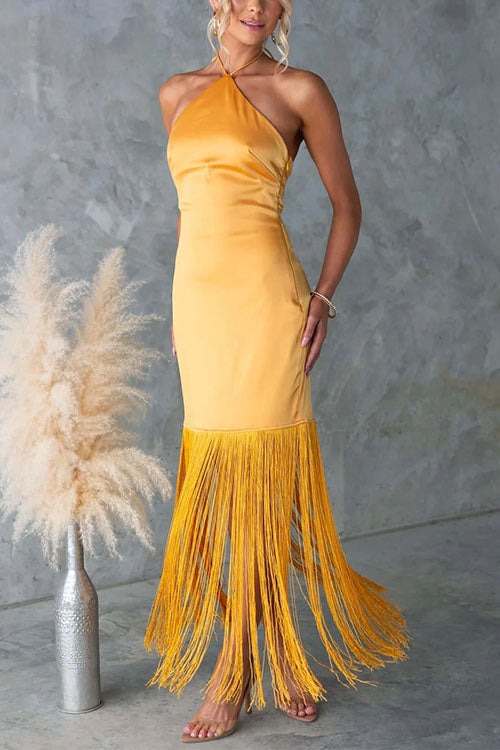 Moxidress Halter Neck Patchwork Fringe Hem Satin Maxi Dress