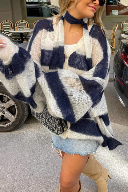 Moxidress Lantern Sleeves Button Down Color Block Stripes Sweater With Scarf
