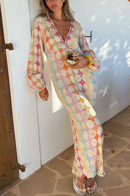 V Neck Lantern Sleeves Geometric Print Maxi Dress