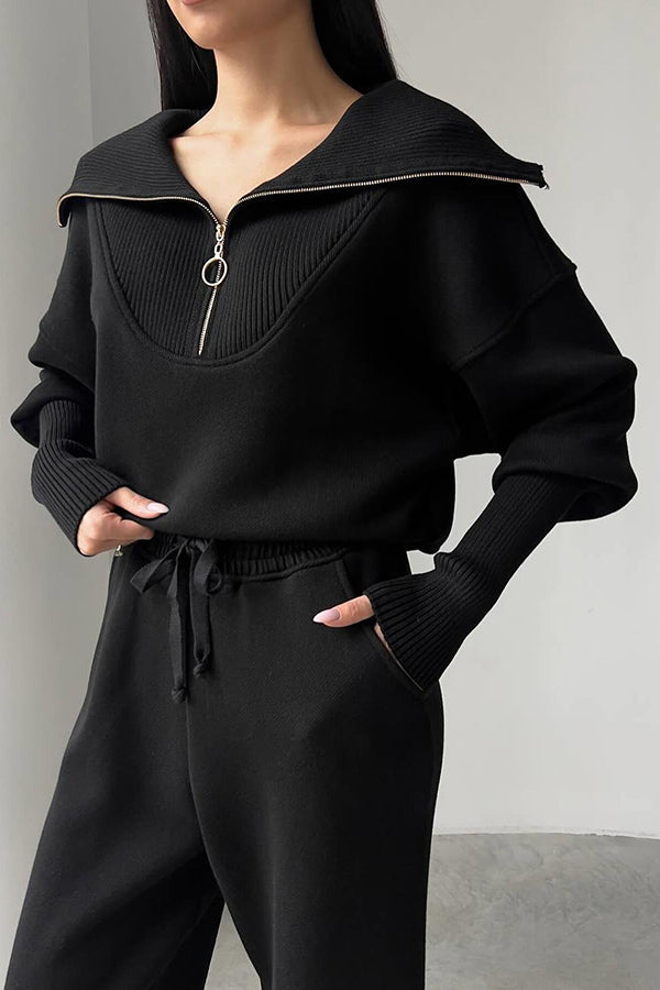 Color Long-sleeved Zip-up Sweatshirt and Elastic Waist Loose Pocket Pants Set