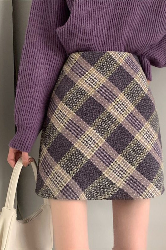 Wool Plaid High Waist A-line Skirt
