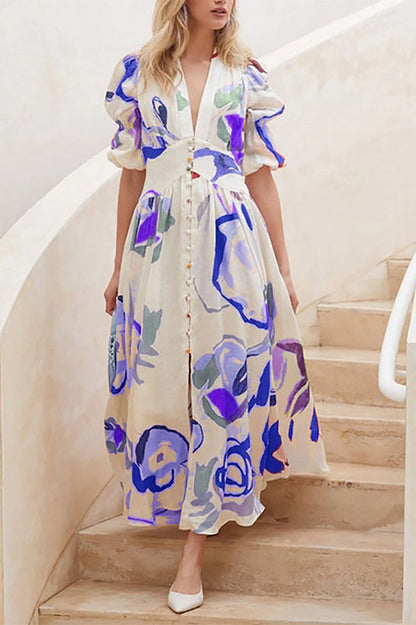 Lover's Gaze Watercolor Printed Puff Sleeve Button Maxi Dress